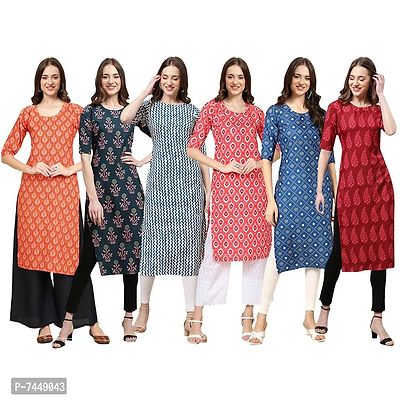 Elegant Crepe Multicoloured Printed Straight Kurta For Women- Pack Of 6