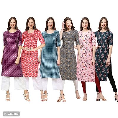 Elegant Crepe Multicoloured Printed Straight Kurta For Women- Pack Of 6