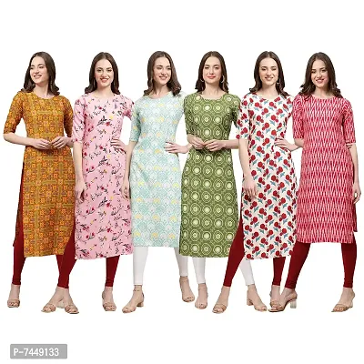 Elegant Crepe Multicoloured Printed Straight Kurta For Women- Pack Of 6