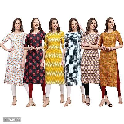 Elegant Crepe Multicoloured Printed Straight Kurta For Women- Pack Of 6