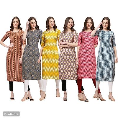 Elegant Crepe Multicoloured Printed Straight Kurta For Women- Pack Of 6