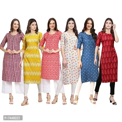 Elegant Crepe Multicoloured Printed Straight Kurta For Women- Pack Of 6