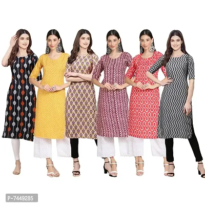 Elegant Crepe Multicoloured Printed Straight Kurta For Women- Pack Of 6