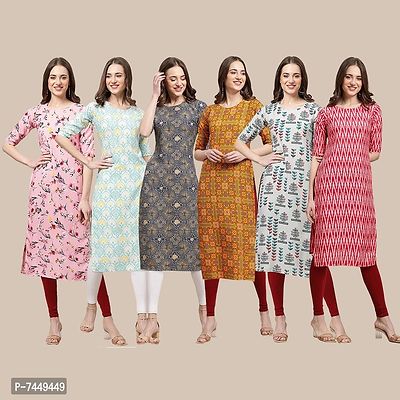 Elegant Crepe Multicoloured Printed Straight Kurta For Women- Pack Of 6