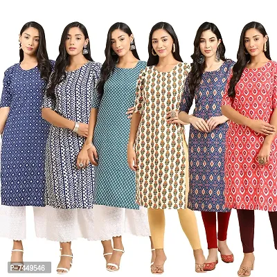 Elegant Crepe Multicoloured Printed Straight Kurta For Women- Pack Of 6