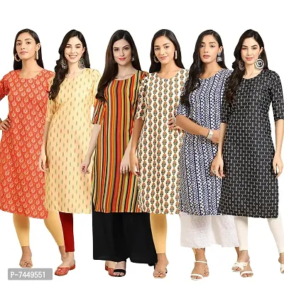 Elegant Crepe Multicoloured Printed Straight Kurta For Women- Pack Of 6