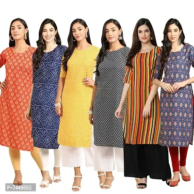 Elegant Crepe Multicoloured Printed Straight Kurta For Women- Pack Of 6