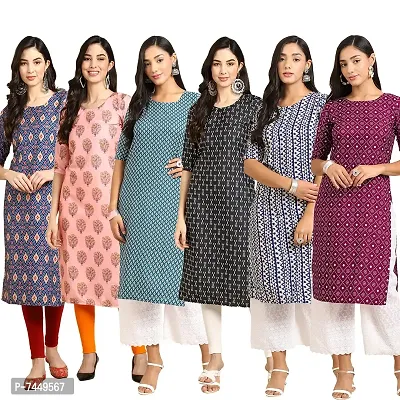 Elegant Crepe Multicoloured Printed Straight Kurta For Women- Pack Of 6