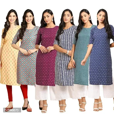 Elegant Crepe Multicoloured Printed Straight Kurta For Women- Pack Of 6