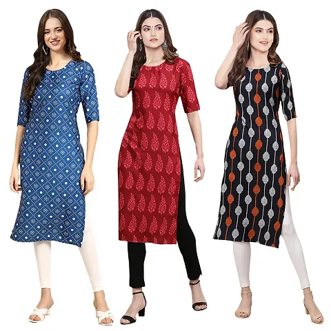 Trendy Crepe Straight Digital Printed Kurta - Pack Of 3