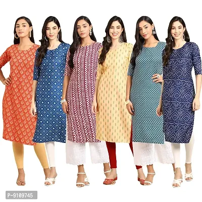 Women Crepe Digital Printed Straight Kurti  Pack of 6