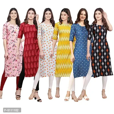 Women Crepe Digital Printed Straight Kurti  Pack of 6