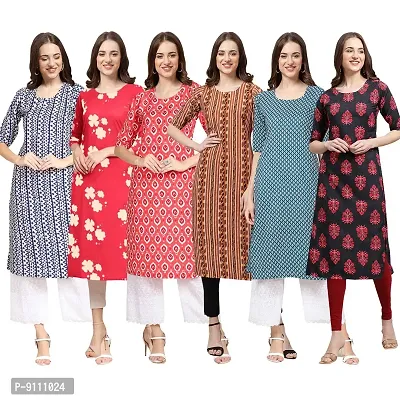 Women Crepe Digital Printed Straight Kurti  Pack of 6