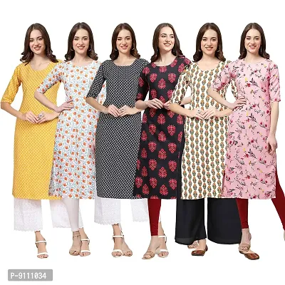 Women Crepe Digital Printed Straight Kurti  Pack of 6