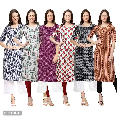 Women Crepe Digital Printed Straight Kurti  Pack of 6