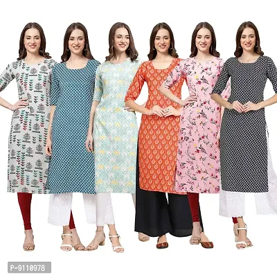 Women Crepe Digital Printed Straight Kurti  Pack of 6