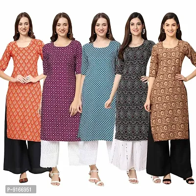 Stylish Fancy Crepe Digital Printed Straight Kurti Combo For Women Pack Of 5