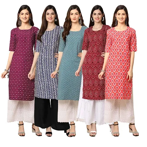 Stylish Fancy Crepe Digital Straight Kurti Combo For Women Pack Of 5