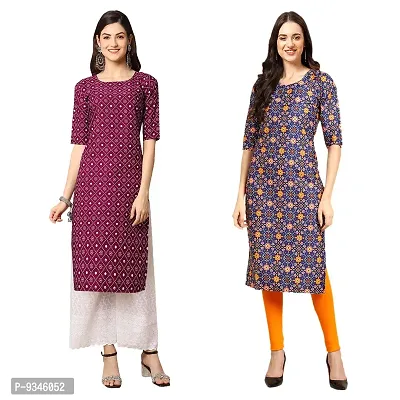 Stylish Straight Multicoloured Printed Crepe Kurta For Women Combo Pack Of 2