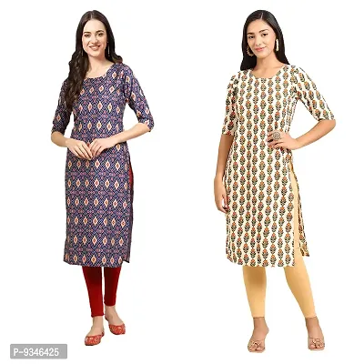 Stylish Straight Multicoloured Printed Crepe Kurta For Women Combo Pack Of 2