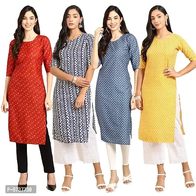 Fashionable Straight Multicoloured Printed Crepe Kurta For Women Combo Pack Of 4