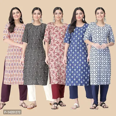 Stylish Straight Multicoloured Printed Crepe Kurta-Combo Of 5