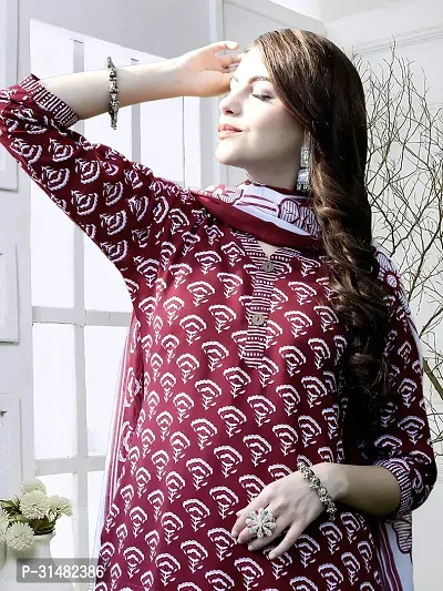 Stylish Maroon Cotton Blend Printed Kurta, Bottom and Dupatta Set For Women-thumb4