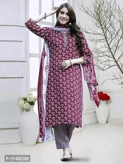 Stylish Maroon Cotton Blend Printed Kurta, Bottom and Dupatta Set For Women-thumb2