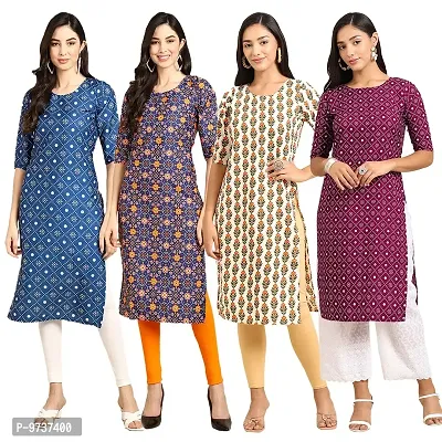 Fashionable Straight Multicoloured Printed Crepe Kurta For Women Combo Pack Of 4