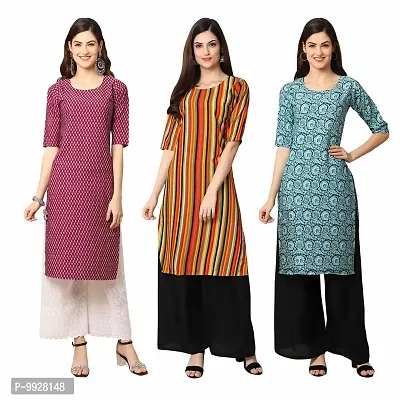 Women Crepe Digital Printed Straight Kurti  Pack of 3