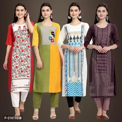 Elegant Crepe Printed Straight 3/4 Sleeves Kurta For Women- Pack Of 4