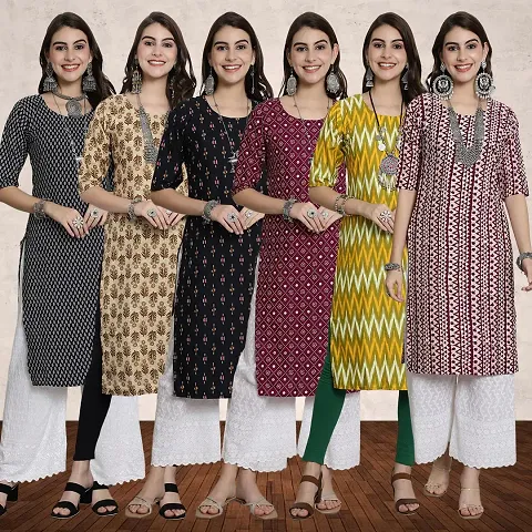 Stylish Crepe Printed A-Line Kurtis - Pack Of 6