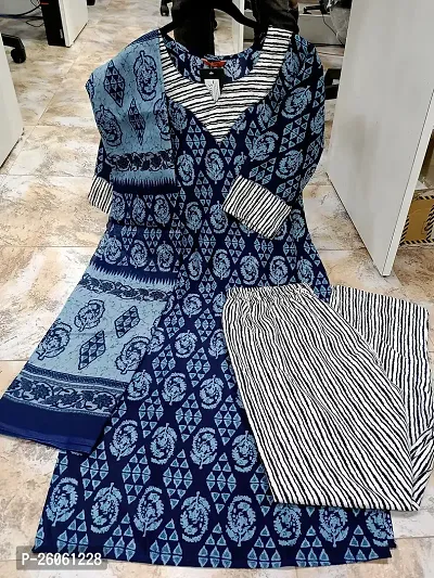 Stylish Navy Blue Cotton Straight Printed Kurta, Bottom And Dupatta Set For Women-thumb0