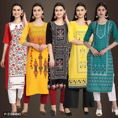 Elegant American Crepe Printed Straight 3/4 Sleeves Kurta For Women- Pack Of 5