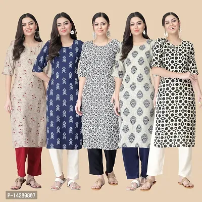 Stylish Straight Multicoloured Printed Crepe Kurta-Combo Of 5