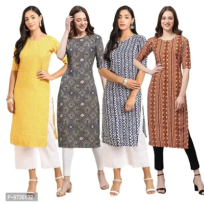 Fashionable Straight Multicoloured Printed Crepe Kurta For Women Combo Pack Of 4