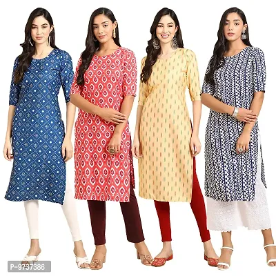 Fashionable Straight Multicoloured Printed Crepe Kurta For Women Combo Pack Of 4