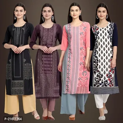 Elegant Crepe Printed Straight 3/4 Sleeves Kurta For Women- Pack Of 4