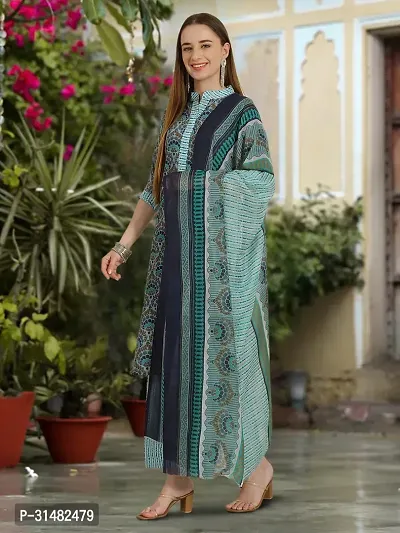 Stylish Teal Cotton Blend Printed Kurta, Bottom and Dupatta Set For Women-thumb4