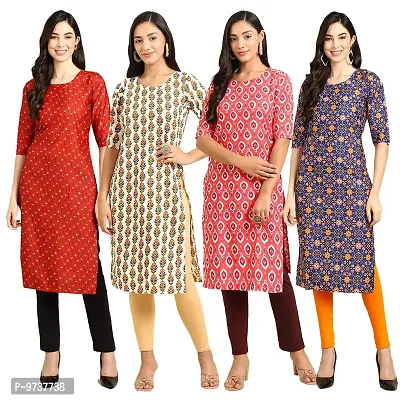 Fashionable Straight Multicoloured Printed Crepe Kurta For Women Combo Pack Of 4