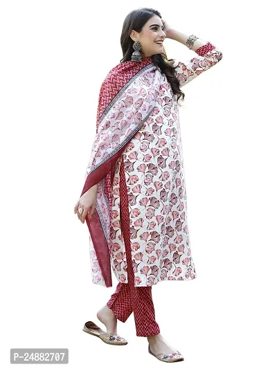 Stylish A-Line Multicoloured Printed Cotton Kurta, Bottom and Dupatta Set