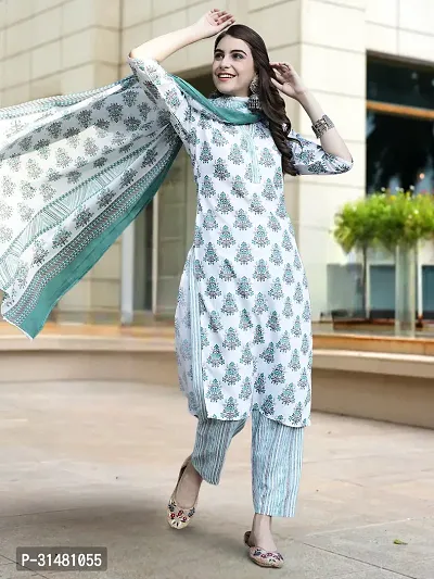 Stylish White Cotton Blend Printed Kurta Bottom and Dupatta Set For Women-thumb4