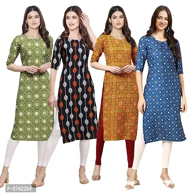 Fashionable Straight Multicoloured Printed Crepe Kurta For Women Combo Pack Of 4-thumb0