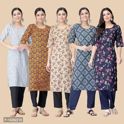 Stylish Straight Multicoloured Printed Crepe Kurta-Combo Of 5