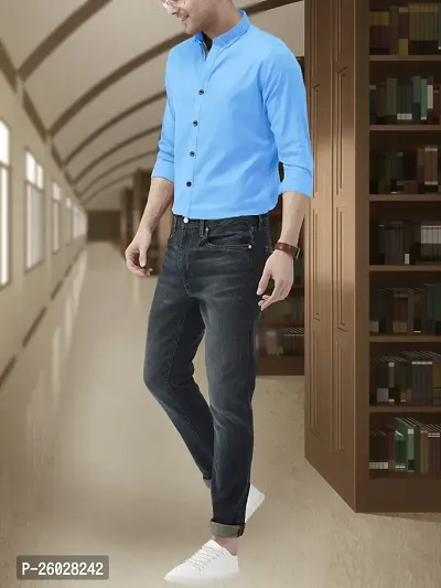 Men Stylish Blue Cotton Solid Long Sleeve Semi Formal Shirt-thumb5