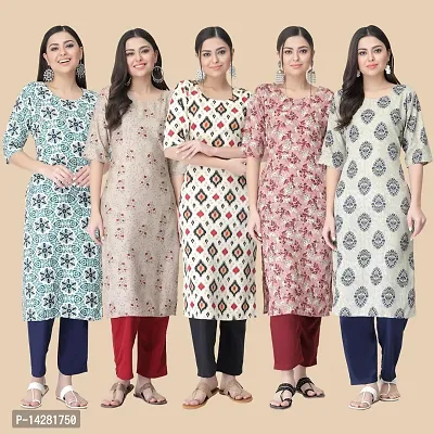 Stylish Straight Multicoloured Printed Crepe Kurta-Combo Of 5