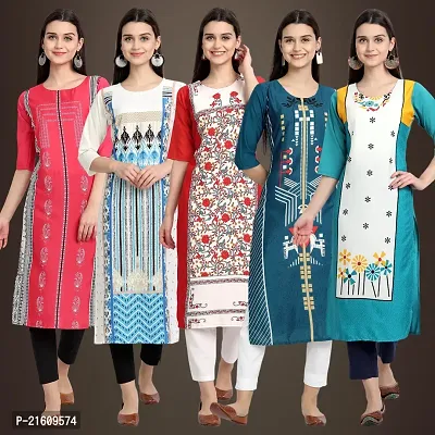 Elegant American Crepe Printed Straight 3/4 Sleeves Kurta For Women- Pack Of 5-thumb0