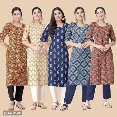 Stylish Straight Multicoloured Printed Crepe Kurta-Combo Of 5