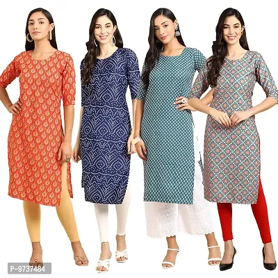 Fashionable Straight Multicoloured Printed Crepe Kurta For Women Combo Pack Of 4