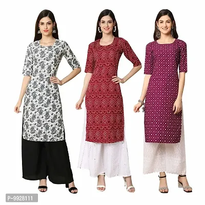 Women Crepe Digital Printed Straight Kurti  Pack of 3